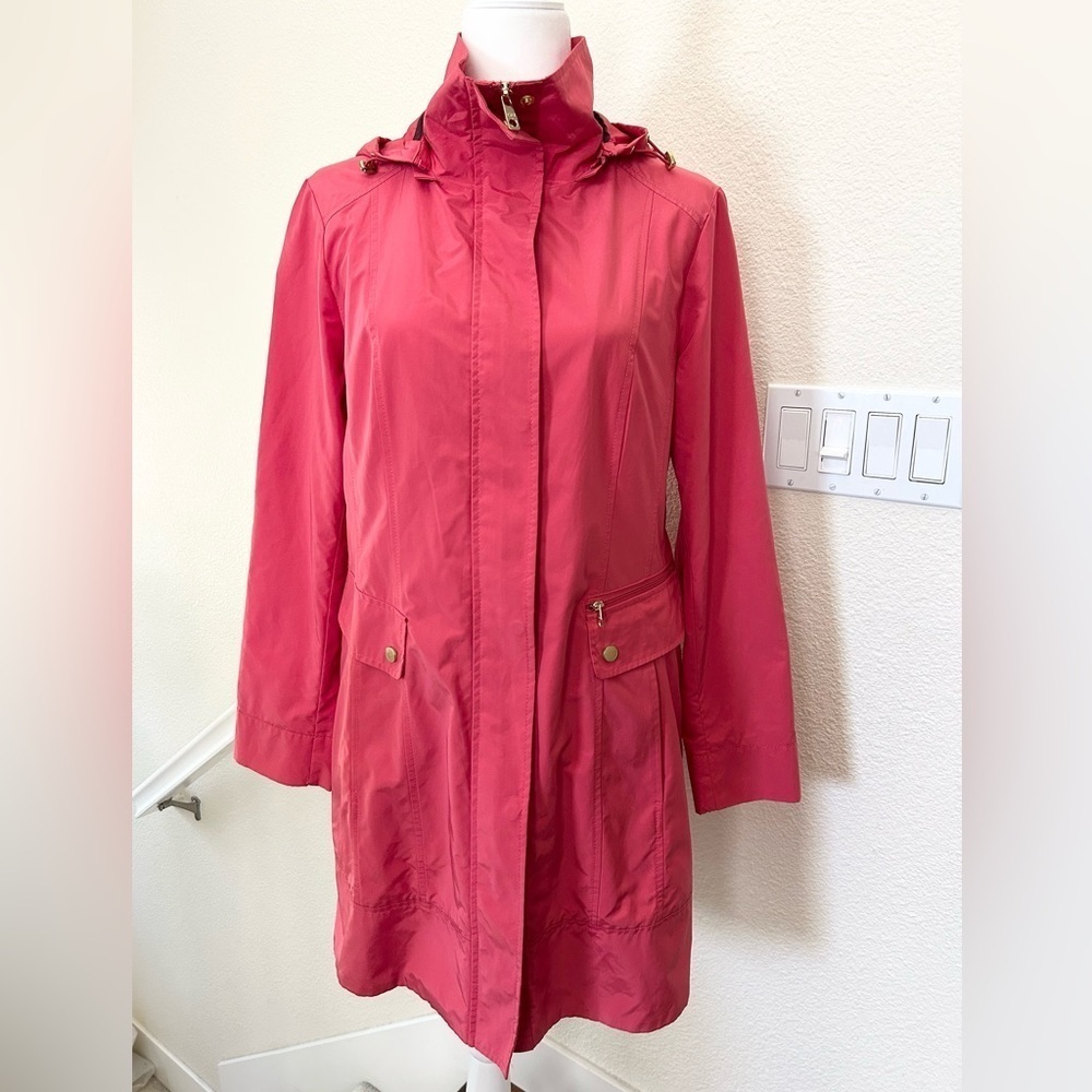 Cole Haan Packable Hooded Water-Resistant Raincoat coral size M retail $359 - Picture 2 of 15